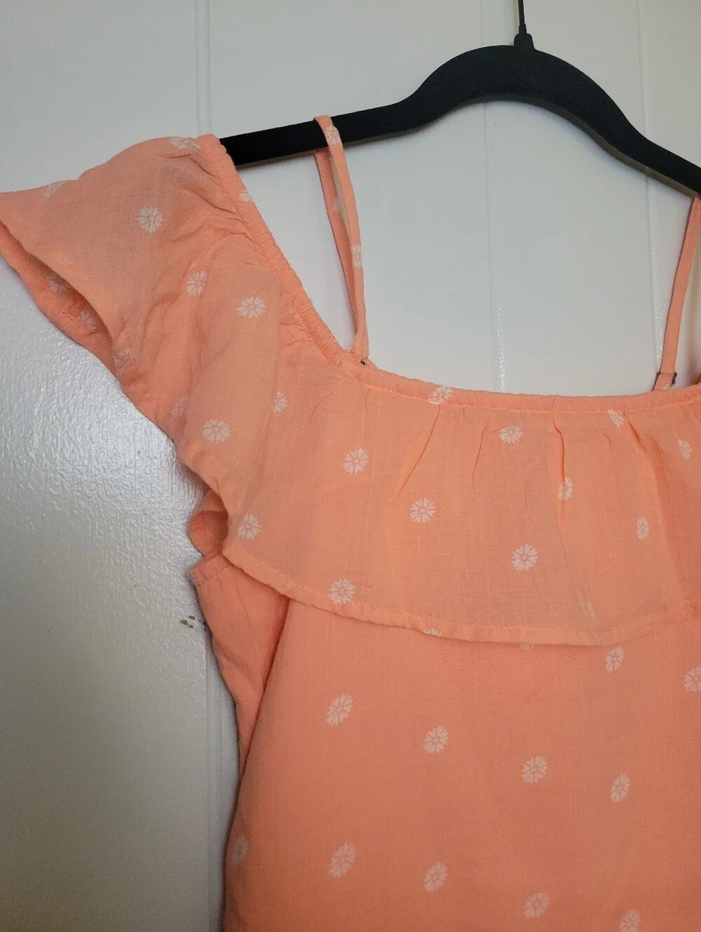 NWT Abercrombie Kids Romper Floral Ruffled Off Shoulder Peach White Girls 15/16